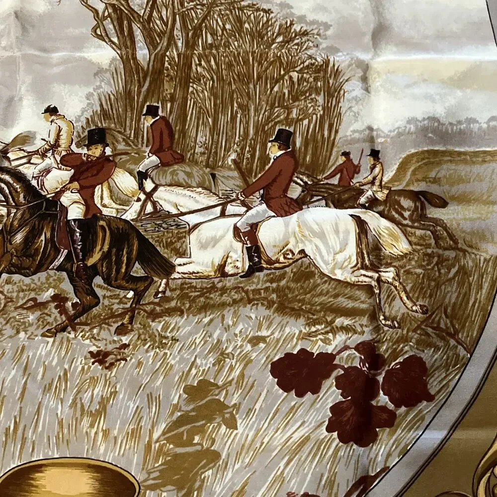 Vtg Hunt Scene Silk Scarf Bronze Equestrian Hunting Print Fox Hunt Japan Luxury